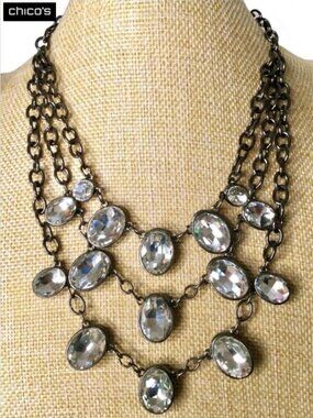 CHICO'S Gunmetal Multi-Layer Oval Crystal Statement Necklace